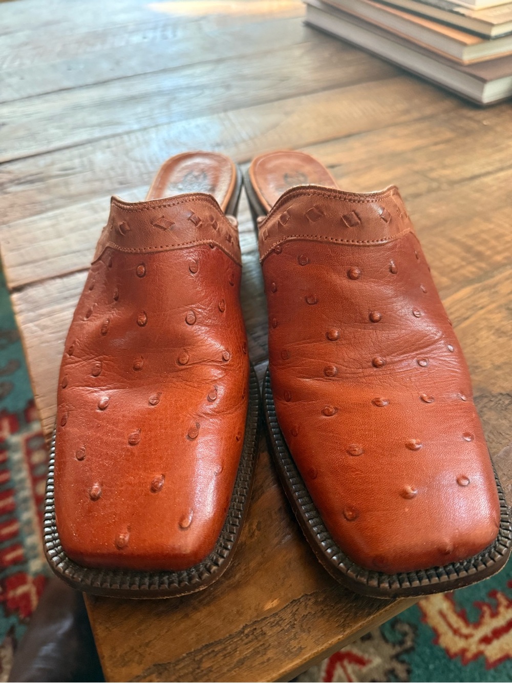 Nocona Tan Ostrich-Embossed Leather Mules